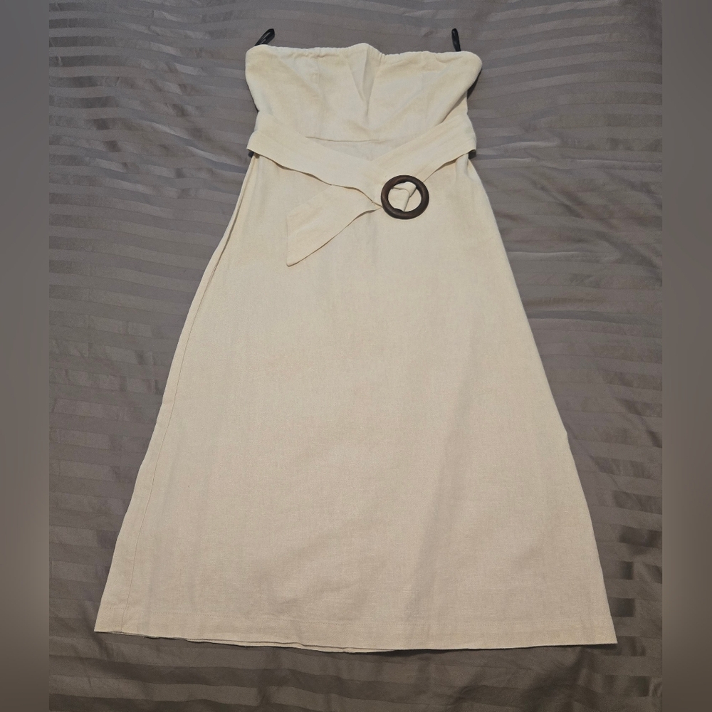 Forever 21 Cream Strapless Linen Midi Dress with Belt. Size S. - Picture 4 of 11